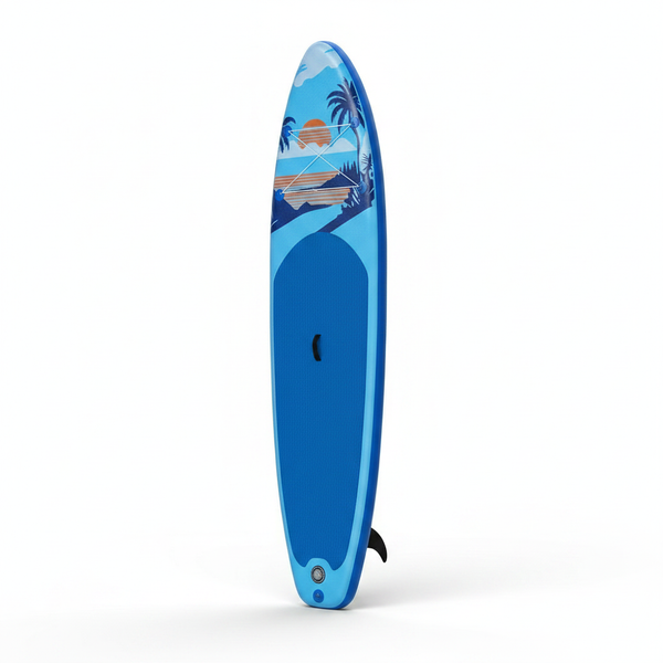 Paddelwerk Allround 11'0 aufblasbares SUP-Board, Deckansicht mit Palmen-Design, weißer Hintergrund