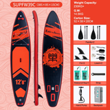 FunWater SUPFW39C Tandem-SUP – Lieferantenansicht mit Oberseite, Seitenansicht, Unterseite und abgebildetem Set