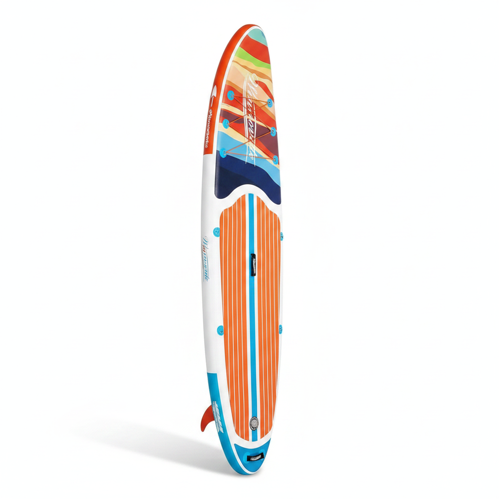 Paddelwerk Retro 11'0 aufblasbares SUP-Board mit Retro-Wellen-Design in Orange, weißer Hintergrund
